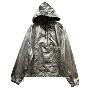 L'Rev37 Urban Metallic Silver Hooded Windbreaker Techwear Jacket Half Zip M